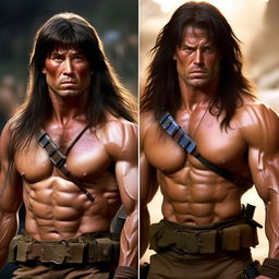 Update the image of Rambo and Commando, presenting them with significantly longer hair flowing down their shoulders, and thick belts of ammunition draped over their (even more) muscular torsos.