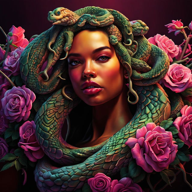 Hyper-realistic image of a beautiful, enchanting, mixed-race Medusa with olive green snake hair, tan skin, green eyes, full Cupid’s bow lips, and scaled patterns around her hairline.