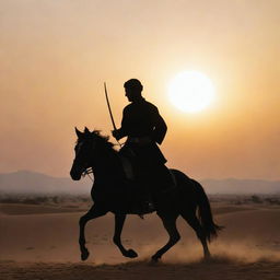 An elegant Arabic man on horseback, brandishing a sword, silhouette against a desert dusk