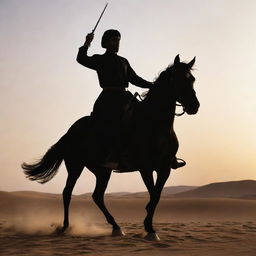 An elegant Arabic man on horseback, brandishing a sword, silhouette against a desert dusk