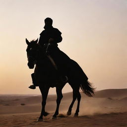 An elegant Arabic man on horseback, brandishing a sword, silhouette against a desert dusk