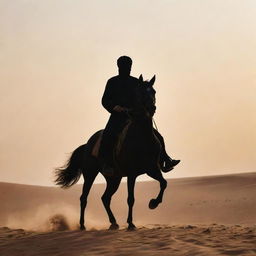 An elegant Arabic man on horseback, brandishing a sword, silhouette against a desert dusk