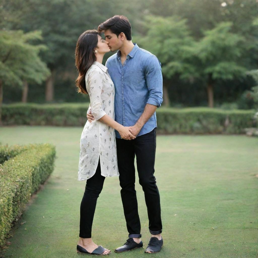 A realistic image of a boy with short hair and slim-fit body, wearing a shirt and black jeans, kissing the hand of a girl with long, open hair and a slim body, dressed in a kurti and jeans, both standing in a garden or park.