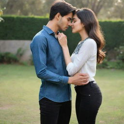 A realistic image of a boy with short hair and slim-fit body, wearing a shirt and black jeans, kissing the hand of a girl with long, open hair and a slim body, dressed in a kurti and jeans, both standing in a garden or park.