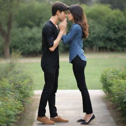 A realistic image of a boy with short hair and slim-fit body, wearing a shirt and black jeans, kissing the hand of a girl with long, open hair and a slim body, dressed in a kurti and jeans, both standing in a garden or park.