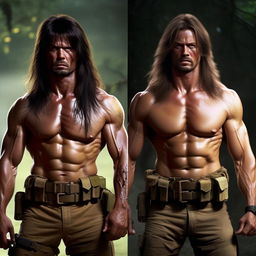 Update the image of Rambo and Commando, presenting them with significantly longer hair flowing down their shoulders, and thick belts of ammunition draped over their (even more) muscular torsos.