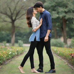 A realistic image of a boy with short hair and slim-fit body, wearing a shirt and black jeans, kissing the hand of a girl with long, open hair and a slim body, dressed in a kurti and jeans, both standing in a garden or park.