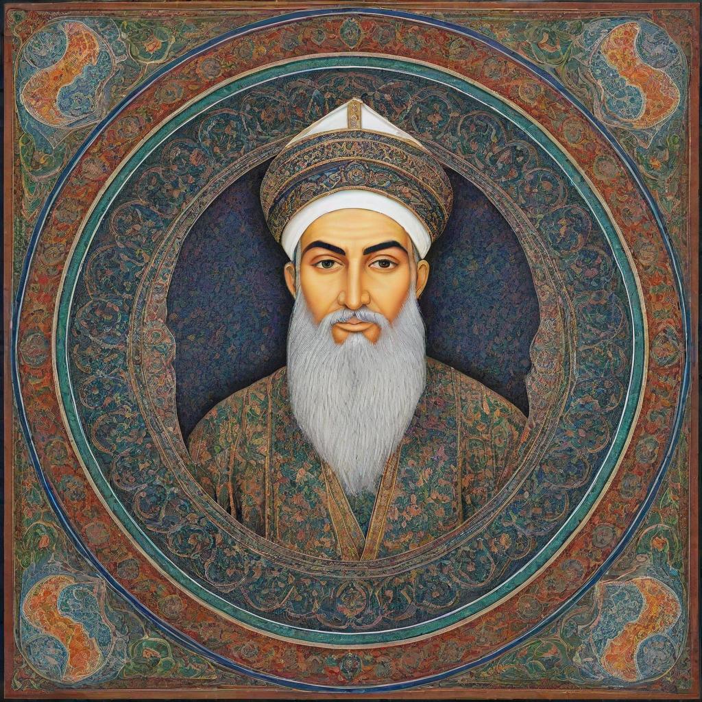 A respectful representation of Imam Ali, shown in Islamic art style with intricate patterns and bright colors