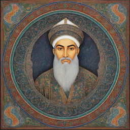 A respectful representation of Imam Ali, shown in Islamic art style with intricate patterns and bright colors