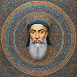 A respectful representation of Imam Ali, shown in Islamic art style with intricate patterns and bright colors