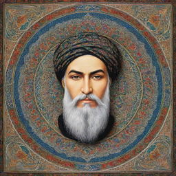 A respectful representation of Imam Ali, shown in Islamic art style with intricate patterns and bright colors