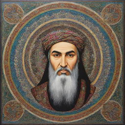 A respectful representation of Imam Ali, shown in Islamic art style with intricate patterns and bright colors