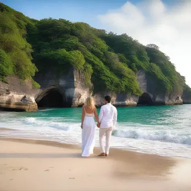 The feeling of love and passion can be imputed to the couple's romantic getaway to a secluded beach.