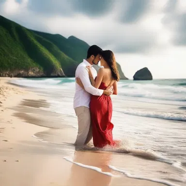 The feeling of love and passion can be imputed to the couple's romantic getaway to a secluded beach.