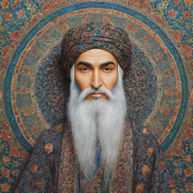 A respectful depiction of Imam Ali, embodying Islamic art, filled with intricate patterns and vibrant hues