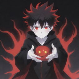 An appealing anime boy epitomizing coolness and cuteness with a ghostly horror theme. He's wielding black and red magical superpowers in his hands, with his rad hair and eyes enhancing his charisma. A ghost eerily floats in the background.