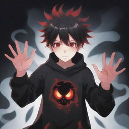 An appealing anime boy epitomizing coolness and cuteness with a ghostly horror theme. He's wielding black and red magical superpowers in his hands, with his rad hair and eyes enhancing his charisma. A ghost eerily floats in the background.