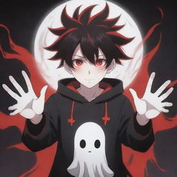 An appealing anime boy epitomizing coolness and cuteness with a ghostly horror theme. He's wielding black and red magical superpowers in his hands, with his rad hair and eyes enhancing his charisma. A ghost eerily floats in the background.