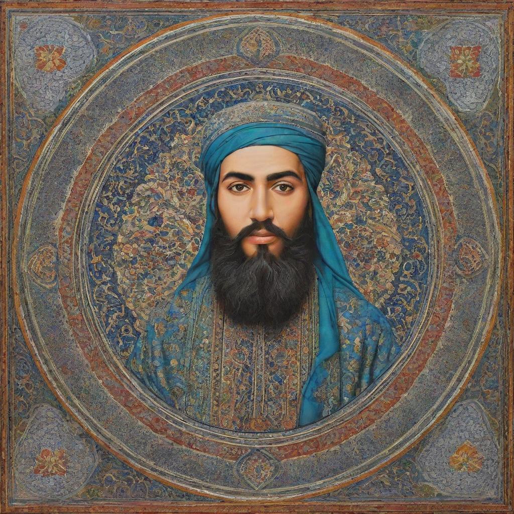 An artistic representation of Ali bin Abi Talib, showcased in Islamic art style with intricate patterns and vivid colors