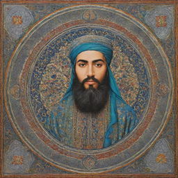 An artistic representation of Ali bin Abi Talib, showcased in Islamic art style with intricate patterns and vivid colors