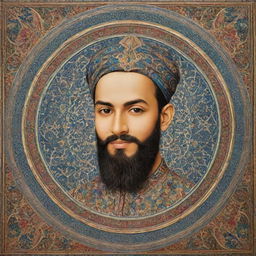 An artistic representation of Ali bin Abi Talib, showcased in Islamic art style with intricate patterns and vivid colors