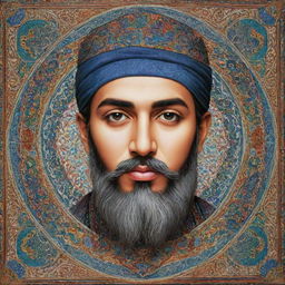 An artistic representation of Ali bin Abi Talib, showcased in Islamic art style with intricate patterns and vivid colors