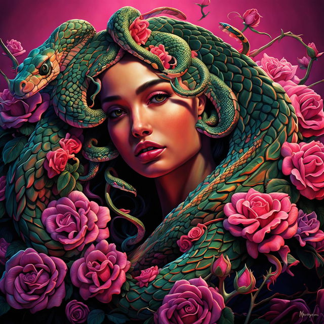 Hyper-realistic image of a beautiful, enchanting, exotic olive-skinned Medusa with olive green snake hair, tan skin, green eyes, full Cupid’s bow lips, and scaled patterns around her hairline.