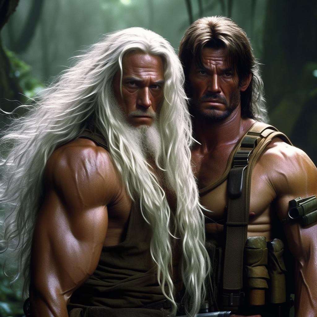 Transform Rambo and Commando's hair length to emulate Gandalf's long, flowing white hair, whilst still retaining the fierce faces, heavily muscular bodies, long ammunition belts, and their intense jungle standoff.