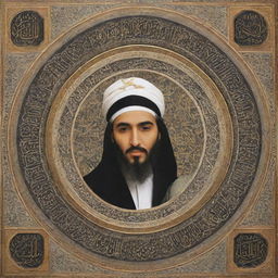 A respectful artistic depiction of Ali ibn Abu Talib, featuring Islamic calligraphy and geometric patterns