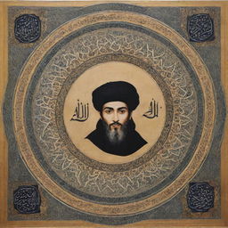 A respectful artistic depiction of Ali ibn Abu Talib, featuring Islamic calligraphy and geometric patterns