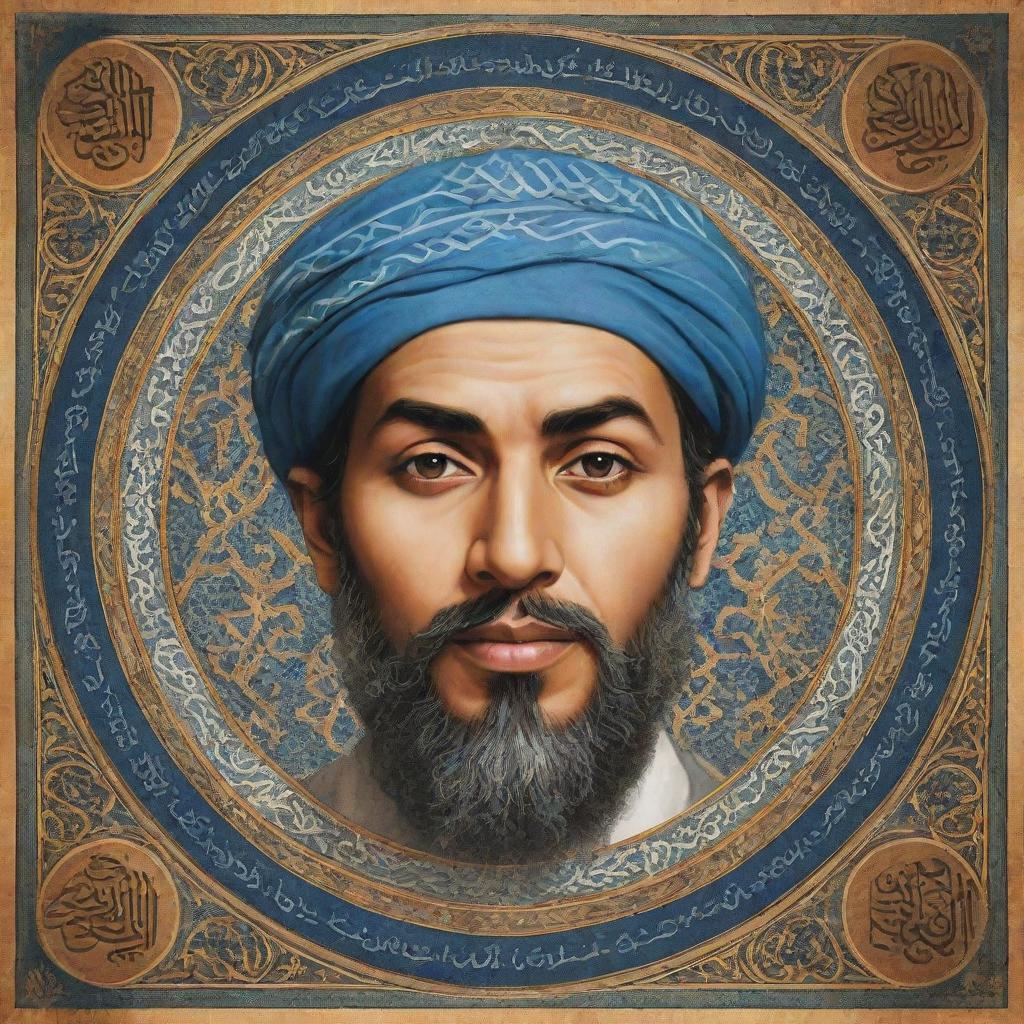 A respectful artistic depiction of Ali ibn Abu Talib, featuring Islamic calligraphy and geometric patterns