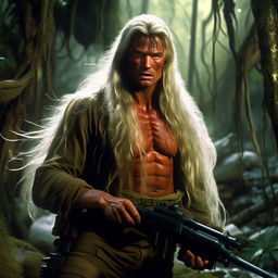 Transform Rambo and Commando's hair length to emulate Gandalf's long, flowing white hair, whilst still retaining the fierce faces, heavily muscular bodies, long ammunition belts, and their intense jungle standoff.