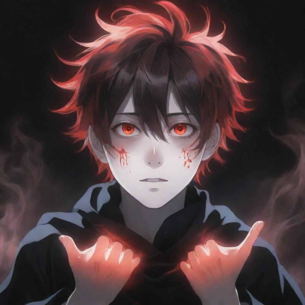 An endearing anime boy radiating with coolness, enveloped in a ghostly horror aura. He unleashes black and red magical superpowers from his hands, his rad hair and piercing eyes contributing to his charm. An ethereal ghost floats in the background.