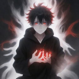 An endearing anime boy radiating with coolness, enveloped in a ghostly horror aura. He unleashes black and red magical superpowers from his hands, his rad hair and piercing eyes contributing to his charm. An ethereal ghost floats in the background.