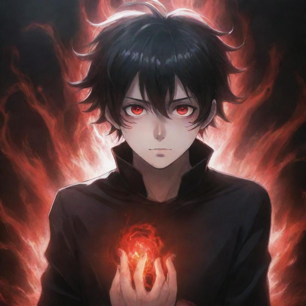 A stylish and captivating anime boy bathed in an aura of horror, conjuring black and red magical superpowers from his hands. His radiant hair and enigmatic eyes add allure, while a ghost haunts the background.