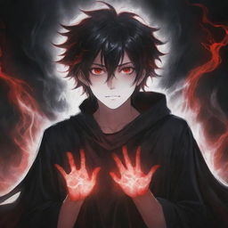 A stylish and captivating anime boy bathed in an aura of horror, conjuring black and red magical superpowers from his hands. His radiant hair and enigmatic eyes add allure, while a ghost haunts the background.