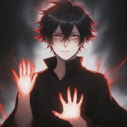 A stylish and captivating anime boy bathed in an aura of horror, conjuring black and red magical superpowers from his hands. His radiant hair and enigmatic eyes add allure, while a ghost haunts the background.