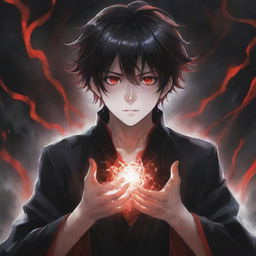 A stylish and captivating anime boy bathed in an aura of horror, conjuring black and red magical superpowers from his hands. His radiant hair and enigmatic eyes add allure, while a ghost haunts the background.