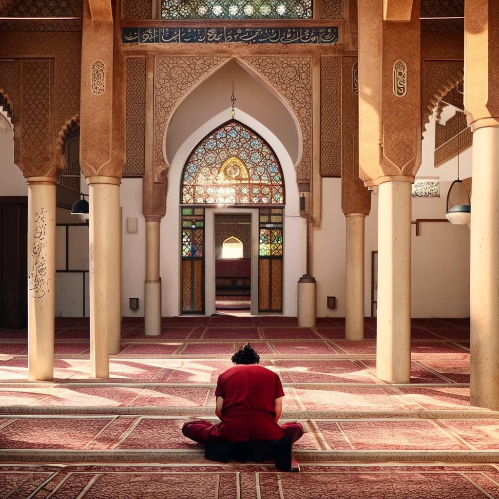 Goku showing respect by praying in a mosque, dressed appropriately for the setting