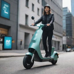 Create an engaging advertising graphic featuring an electric scooter. Include futuristic aesthetic styles and incorporate the phrase 'EV is the future'.