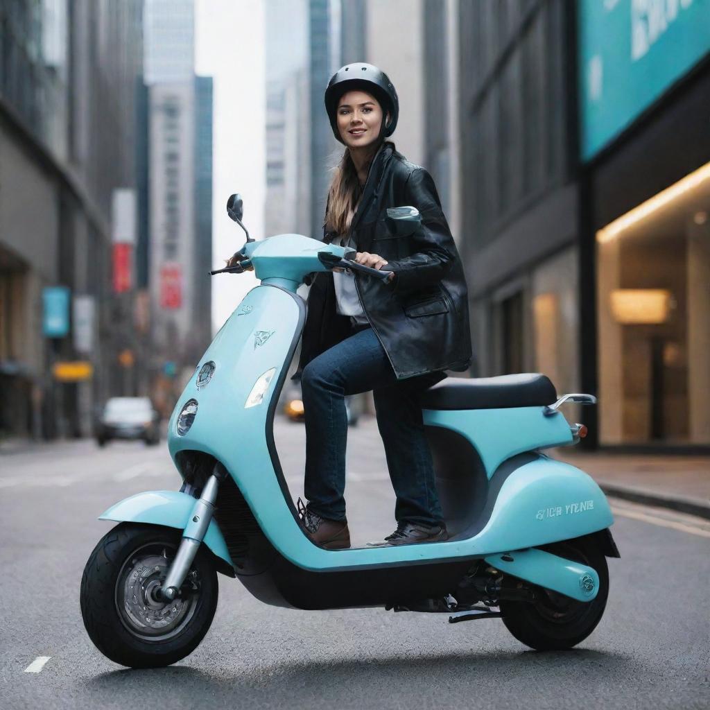 Create an engaging advertising graphic featuring an electric scooter. Include futuristic aesthetic styles and incorporate the phrase 'EV is the future'.