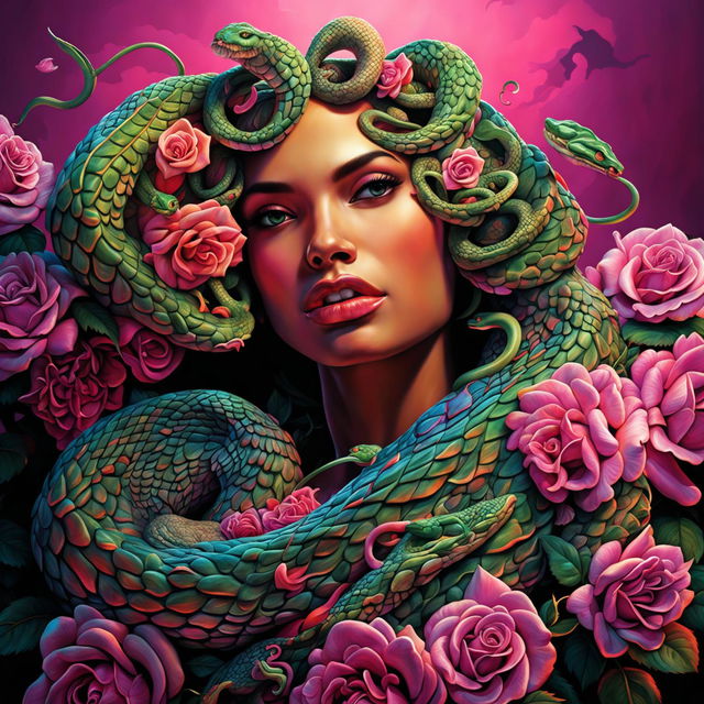 Hyper-realistic image of a beautiful, enchanting, exotic olive-skinned Medusa with olive green snake hair, tan skin, green eyes, full Cupid’s bow lips, positive canthal tilt, and stunning scaled patterns.