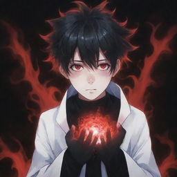 An enchanting anime boy embodying both coolness and cuteness, encapsulated by a ghostly horror aura. He possesses black and red magical superpowers in his hands, with his rad hair and mesmerizing eyes adding allure. A ghost forms part of this eerie background.