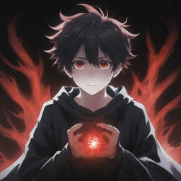 An enchanting anime boy embodying both coolness and cuteness, encapsulated by a ghostly horror aura. He possesses black and red magical superpowers in his hands, with his rad hair and mesmerizing eyes adding allure. A ghost forms part of this eerie background.