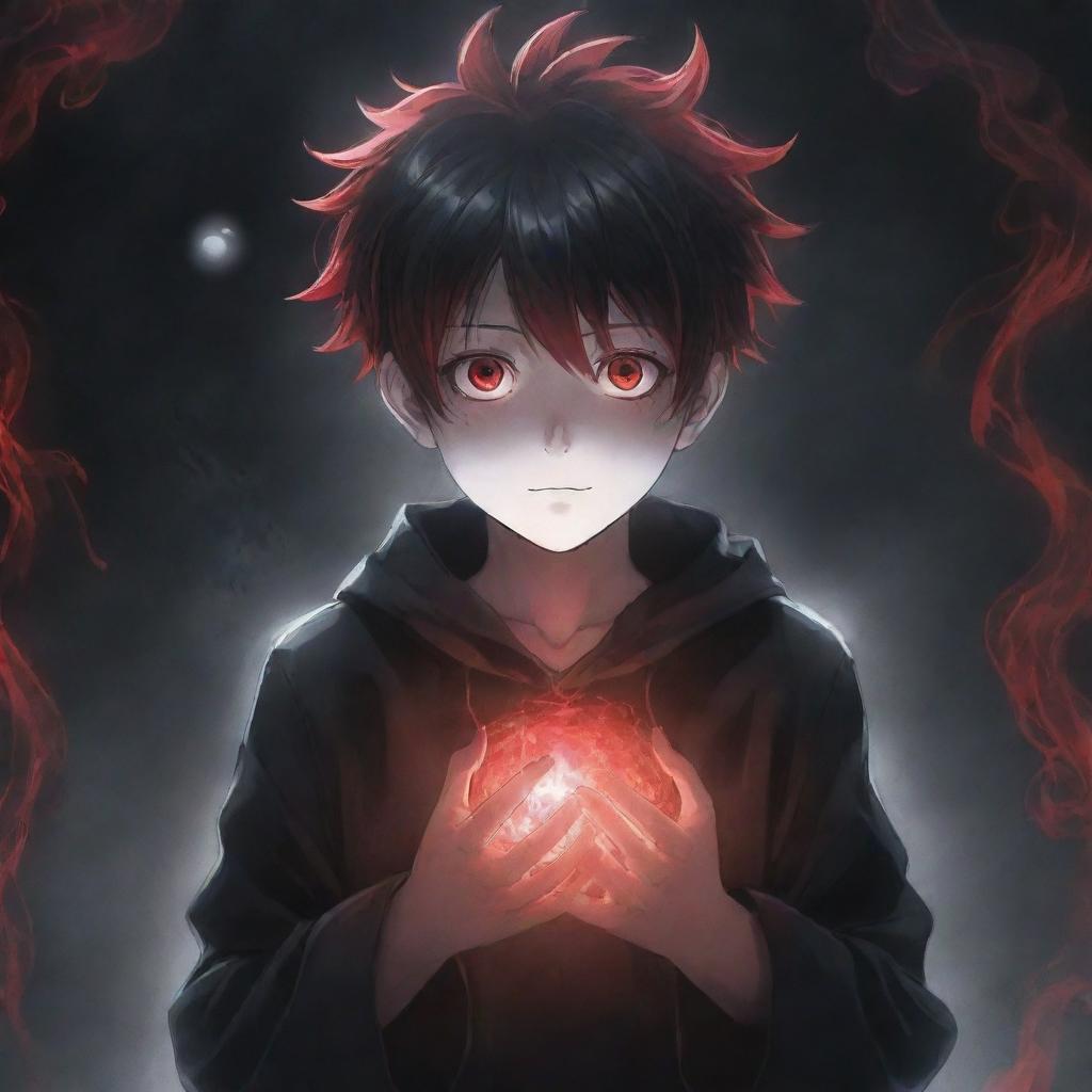 An enchanting anime boy embodying both coolness and cuteness, encapsulated by a ghostly horror aura. He possesses black and red magical superpowers in his hands, with his rad hair and mesmerizing eyes adding allure. A ghost forms part of this eerie background.