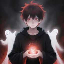 An enchanting anime boy embodying both coolness and cuteness, encapsulated by a ghostly horror aura. He possesses black and red magical superpowers in his hands, with his rad hair and mesmerizing eyes adding allure. A ghost forms part of this eerie background.