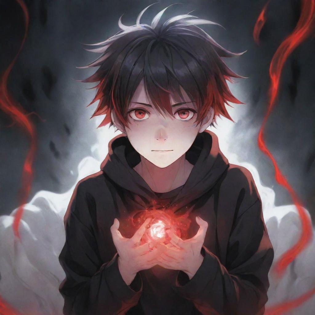 An anime boy oozing with coolness and cuteness, surrounded by a ghostly horror atmosphere. He exhibits black and red magical superpowers flowing from his hands, with his rad hair and intriguing eyes enhancing his presence. A spectral ghost looms in the background.