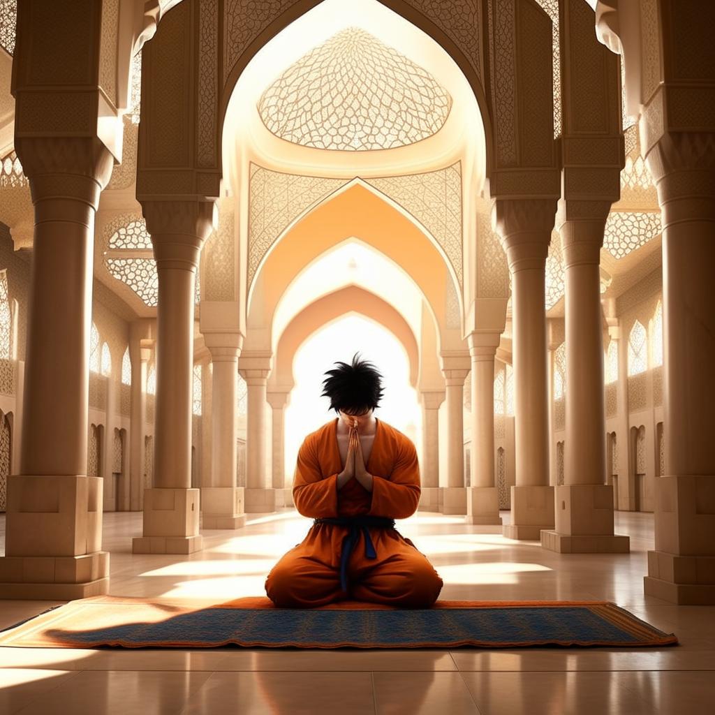 Goku showing respect by praying in a mosque, dressed appropriately for the setting