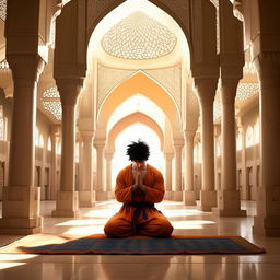 Goku showing respect by praying in a mosque, dressed appropriately for the setting