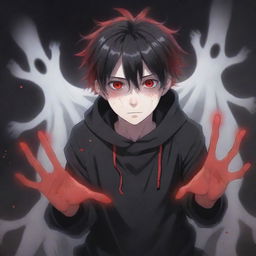 An anime boy oozing with coolness and cuteness, surrounded by a ghostly horror atmosphere. He exhibits black and red magical superpowers flowing from his hands, with his rad hair and intriguing eyes enhancing his presence. A spectral ghost looms in the background.